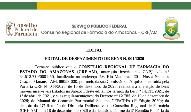 EDITAL DE DESFAZIMENTO DE BENS N. 001/2026