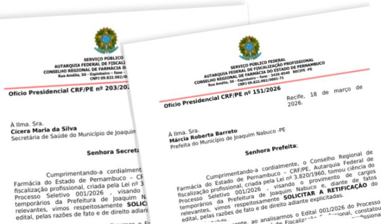 CRF-PE e Sinfarpe solicitam retificação de edital da Prefeitura de Joaquim Nabuco