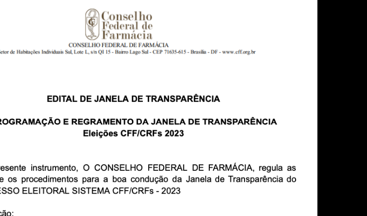 Conselho Federal de Farmácia realizará Janela de Transparência Eleições CFF/CRFs 2023